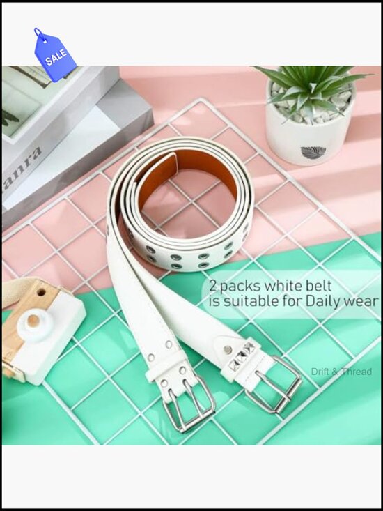2 Pcs Studded Belt Set Y2K Punk Gothic Rivet Double Grommet PU Leather